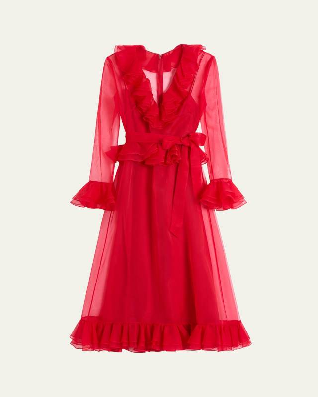 V-Neck Sheer Organza Ruffle Midi Dress